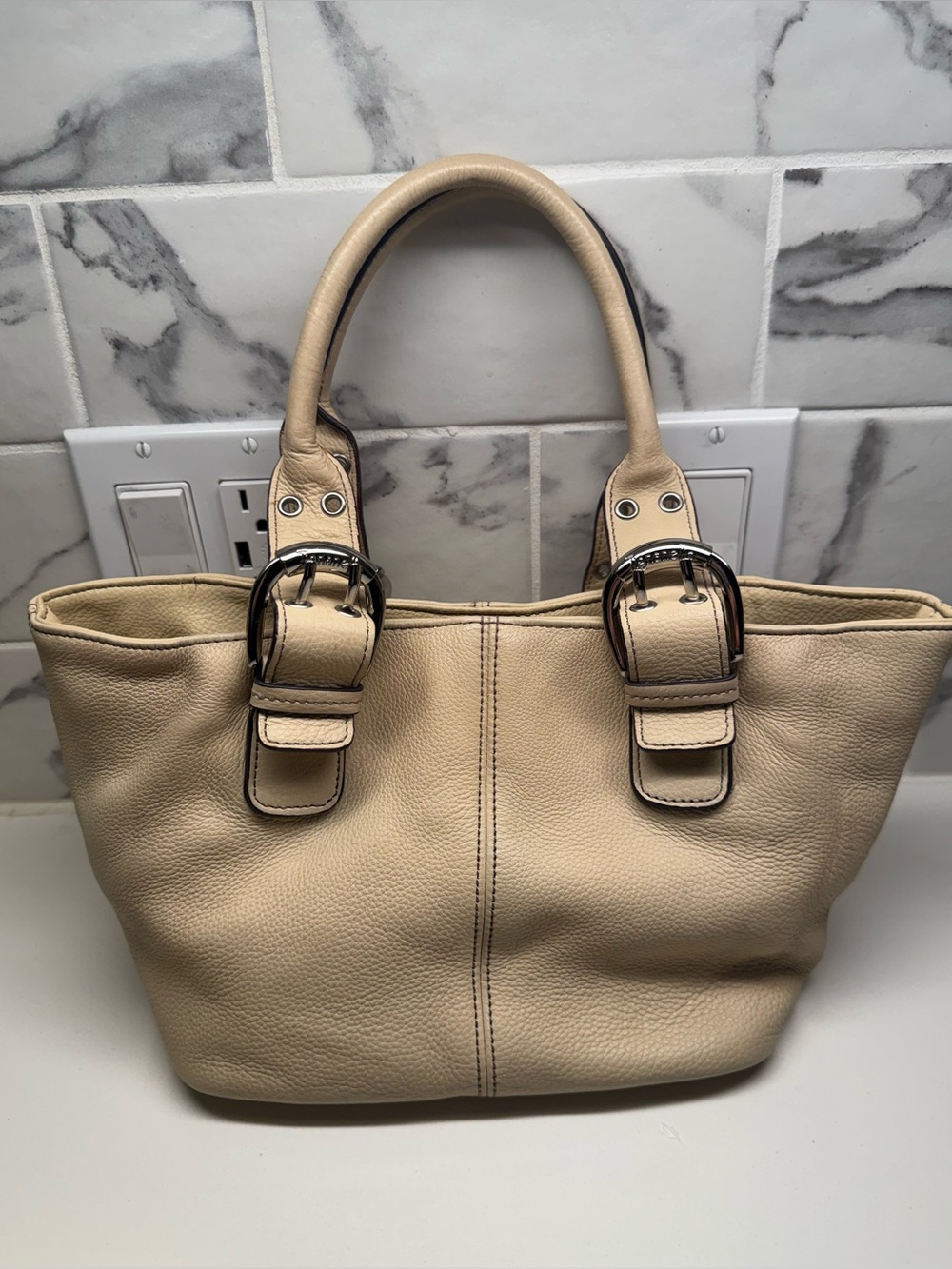 Tignanello Cream Beige Pebbled Leather Buckle Tote Handbag⁠